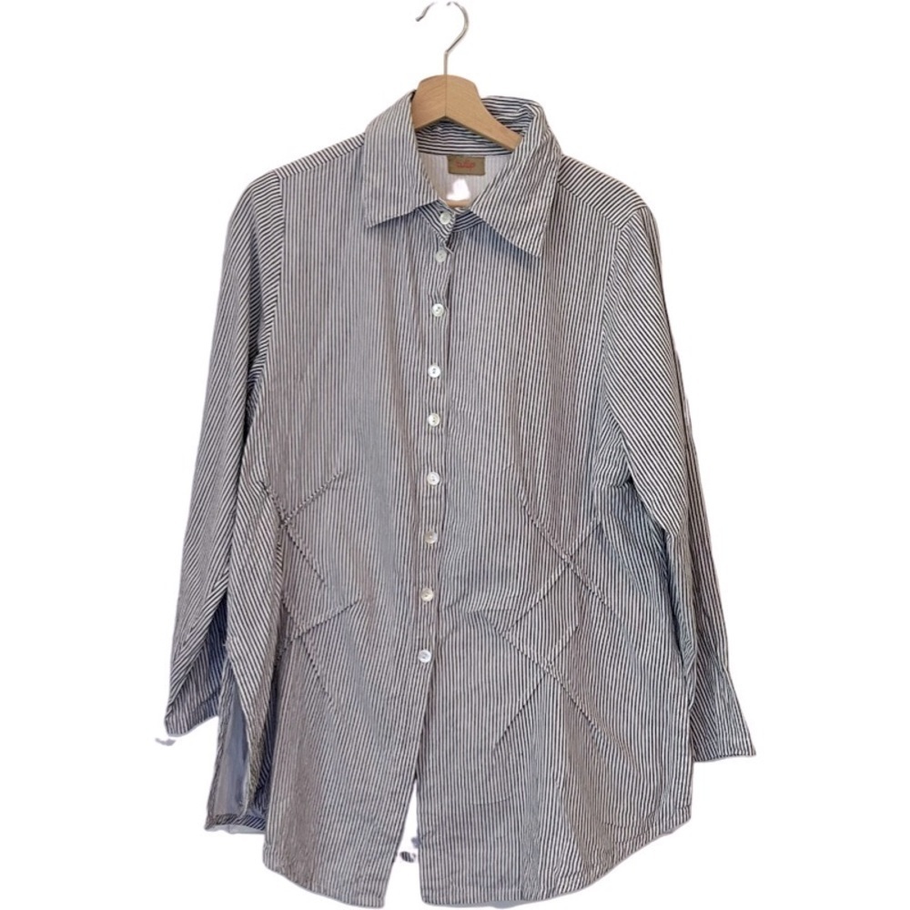 Tulip | Gray & White Stripe Button Up Artist Shirt Tunic, Large Lagenlook